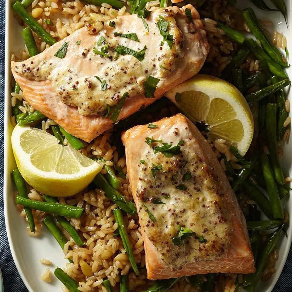 Dijon Baked Salmon with Green Beans and Brown Rice