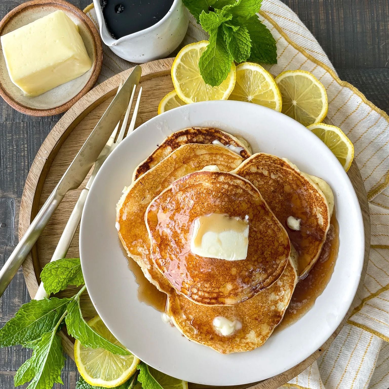 Lemon Ricotta Pancakes with Scrambled Eggs and Turkey Sausage