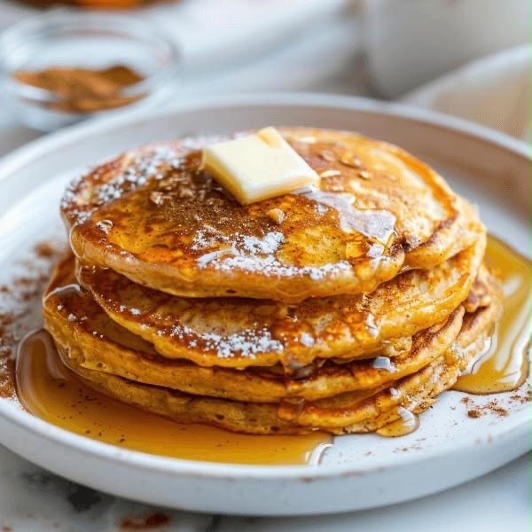 Pumpkin Pancakes with Scrambled Eggs Bacon & Syrup