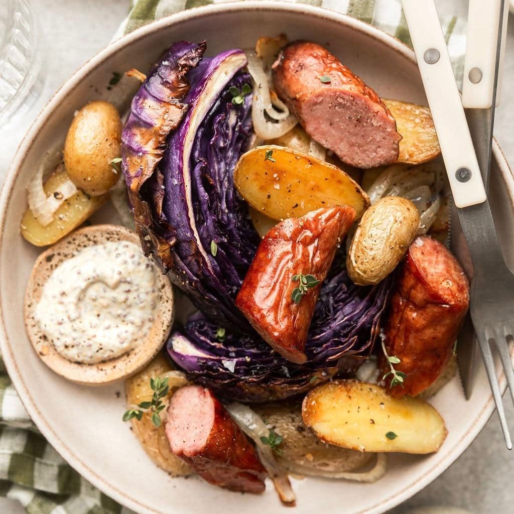 Sheet Pan Kielbasa Cabbage & Potatoes Creamy Mustard Sauce