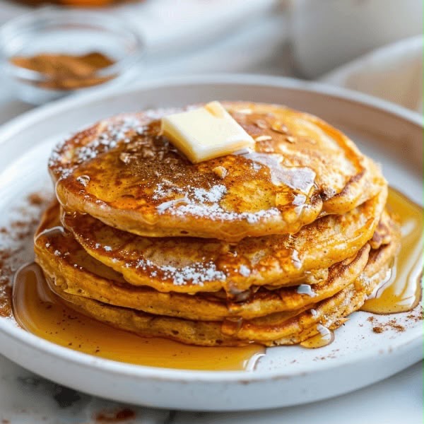 Pumpkin Pancakes with Scrambled Eggs Bacon & Syrup