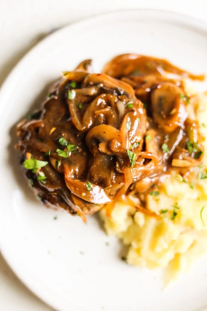 Southern Style Hamburger Steaks with Onion & Mushroom Gravy Mash Potatoes