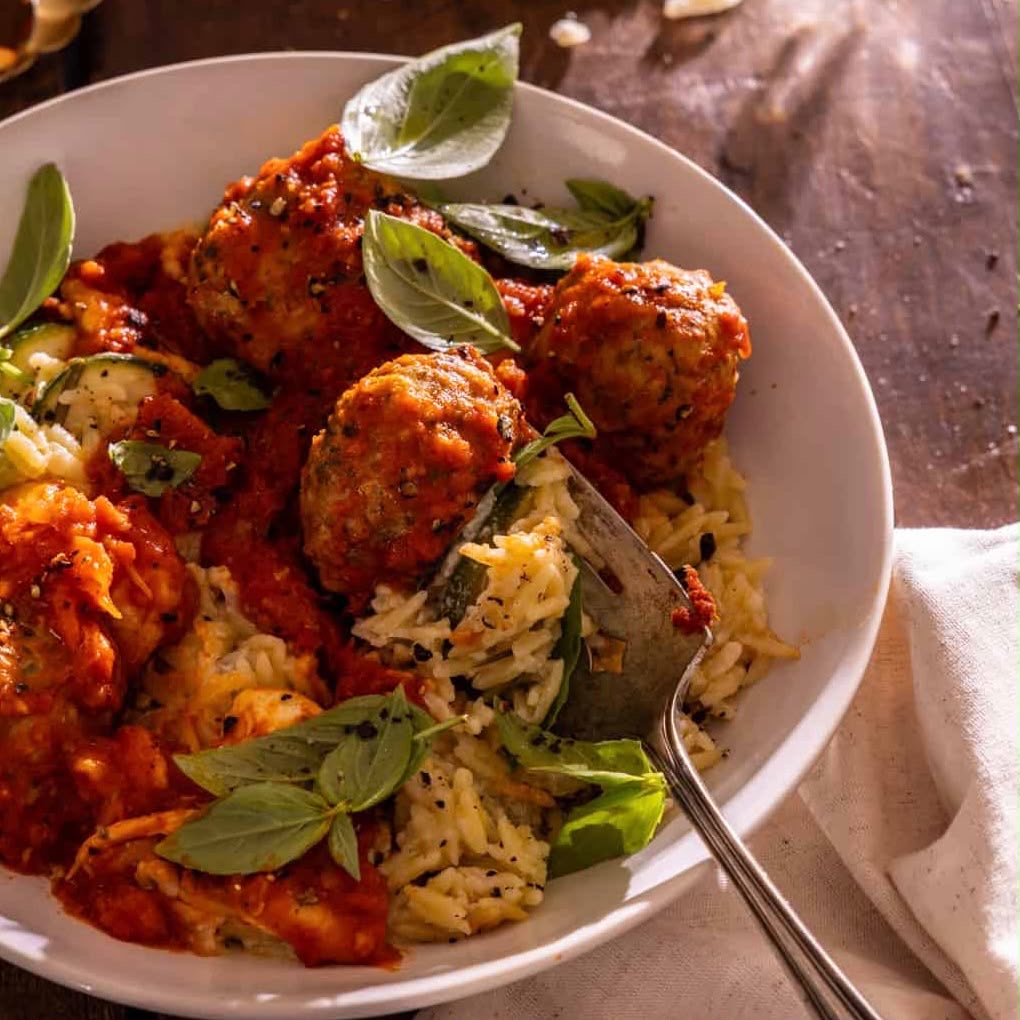 Chicken Meatballs with Creamy Zucchini Orzo