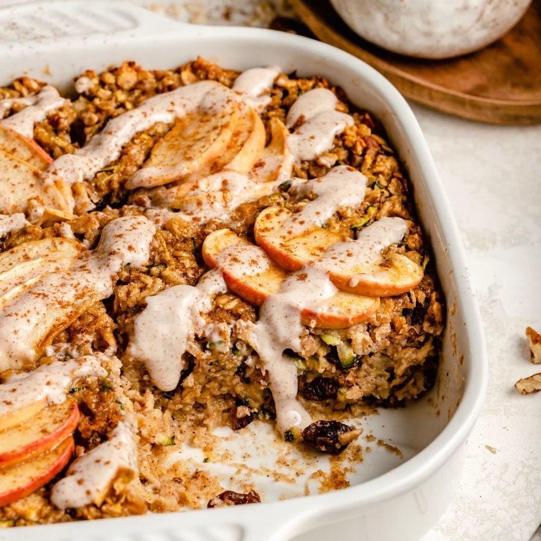 Spiced Apple Baked Oatmeal with Cinnamon Vanilla Glaze