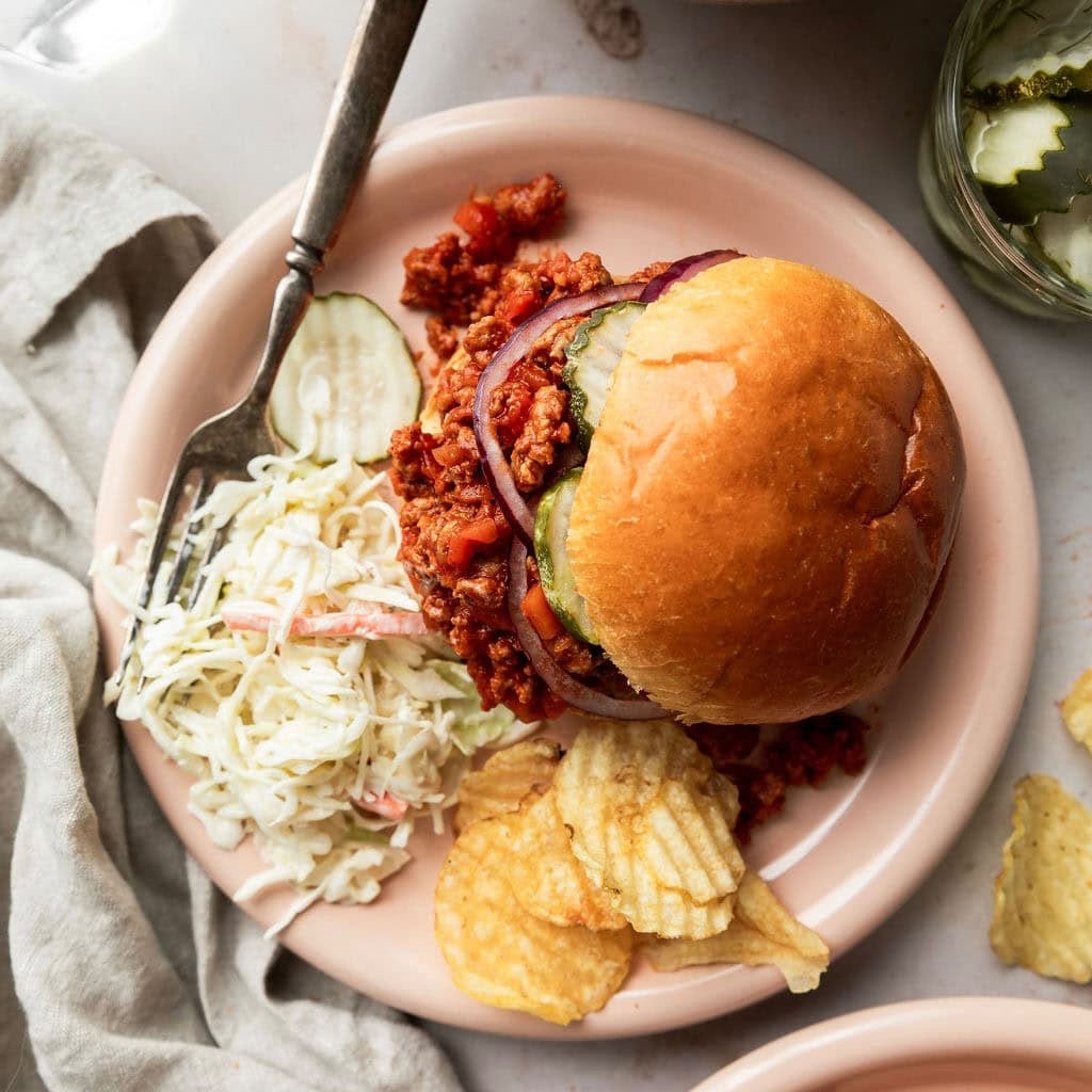 Turkey Veggie Sloppy Joes with Coleslaw & Potato Chips