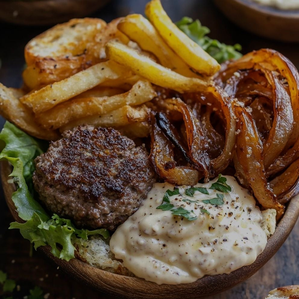 Burger Bowl with Caramelized Onion Aioli (Delivered: September 7)