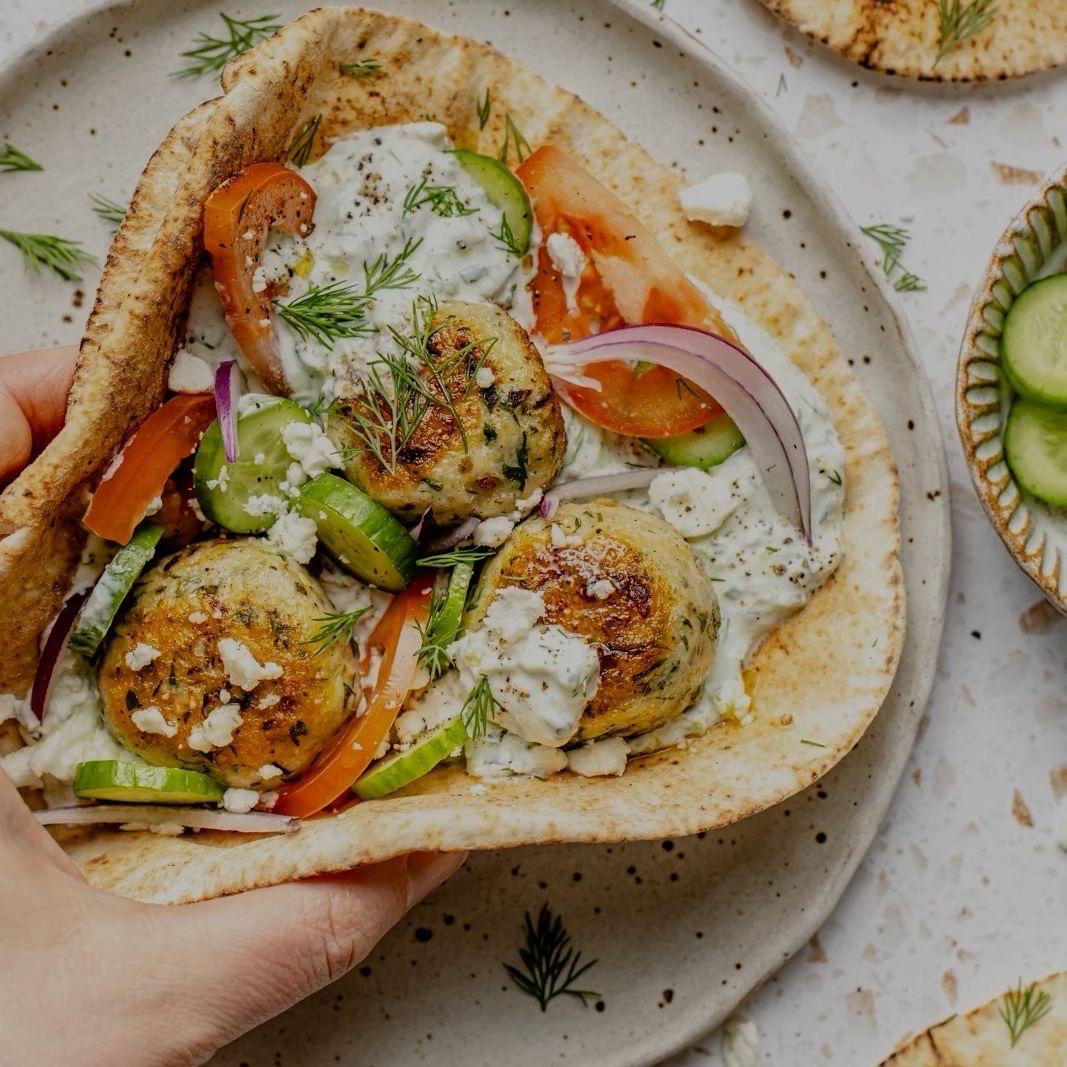 Herby Chicken Meatball Pitas with Jalapeño Tzatziki