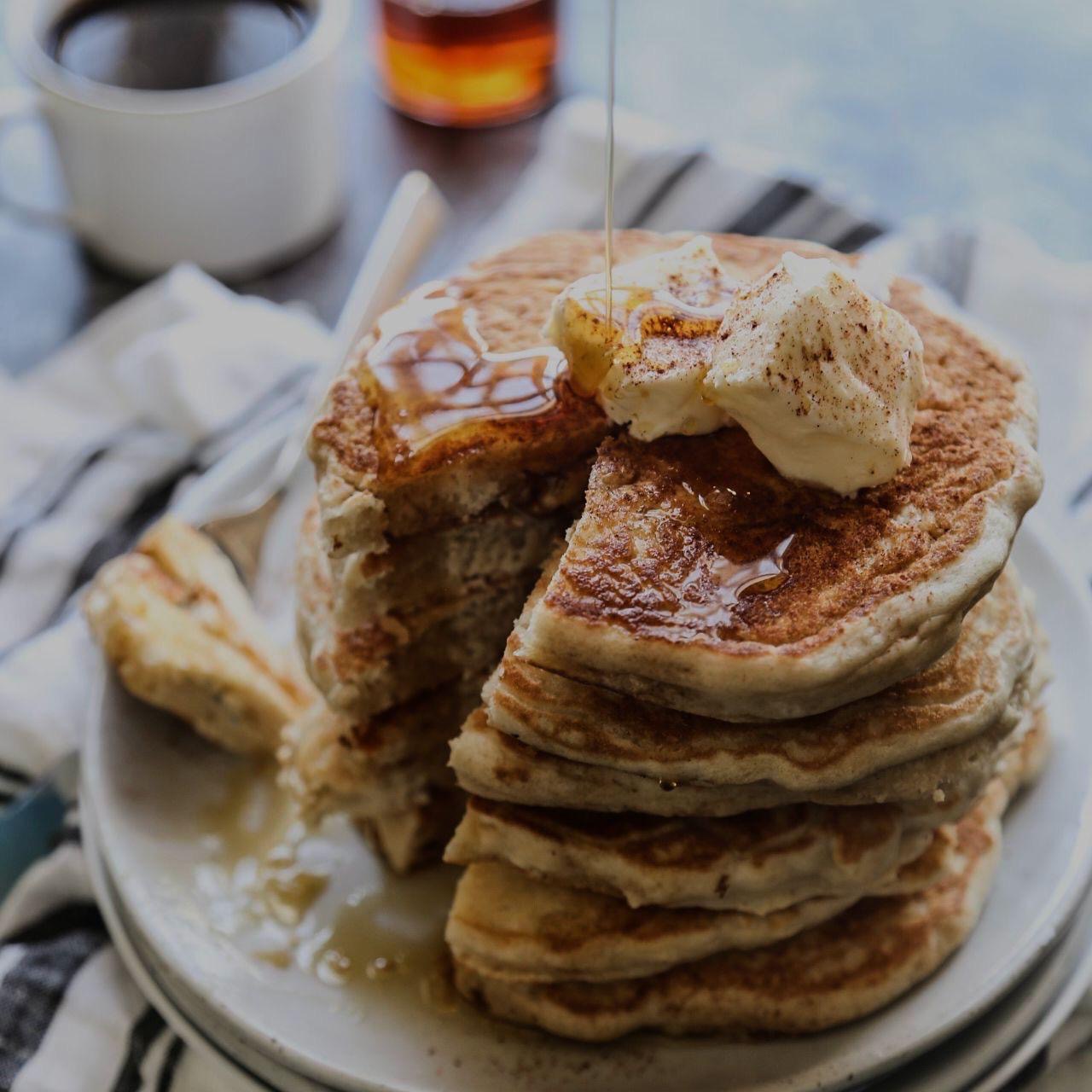 Vietnamese Coffee Pancakes with Scrambled Eggs & Turkey Sausage