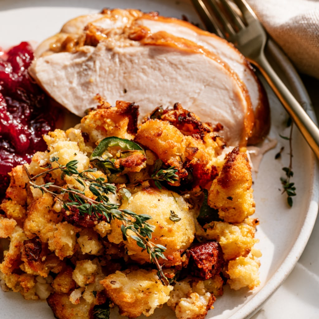 Roasted Chicken with Cornbread Stuffing Green Beans Cranberry Chutney