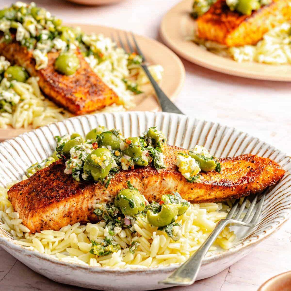 Salmon with Castelvetrano Olive & Feta Salsa Orzo