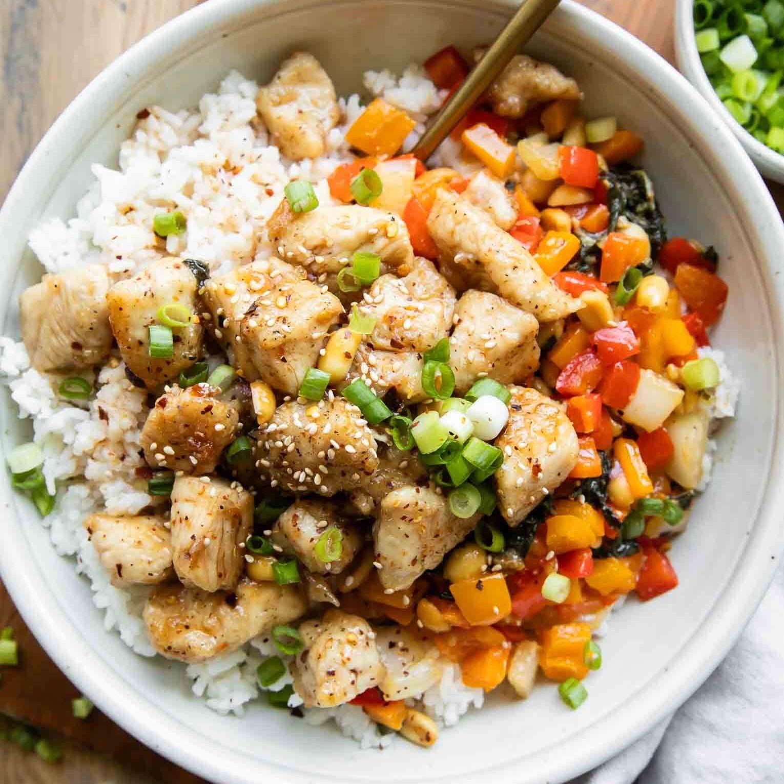 Kung Pao Chicken with Bok Choy Peppers & Onions