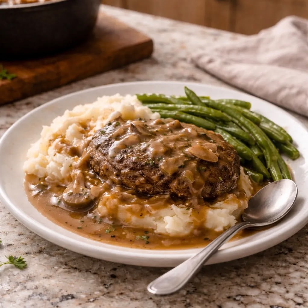 Southern Style Hamburger Steaks with Onion & Mushroom Gravy & Mashed Potatoes