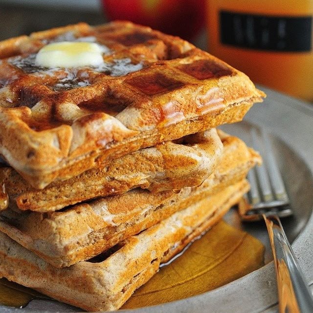 Apple Cider Waffles with Scrambled Eggs Chicken Sausage & Syrup