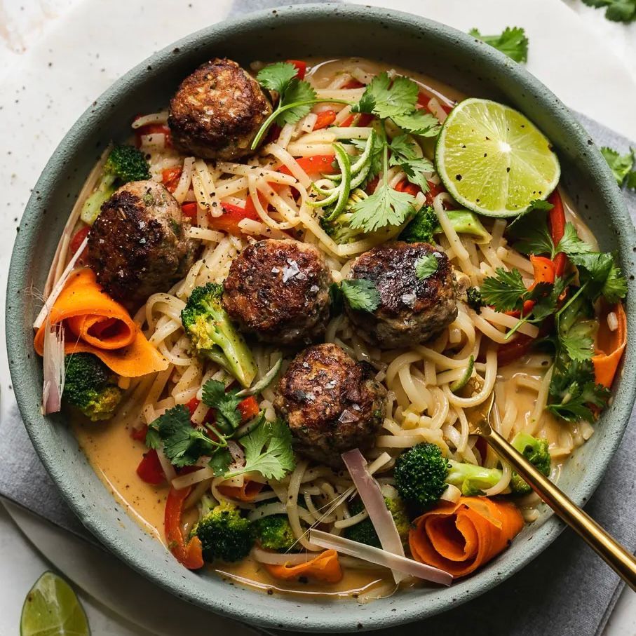 Coconut Lime Rice Noodle Stir Fry with Lemongrass Meatballs