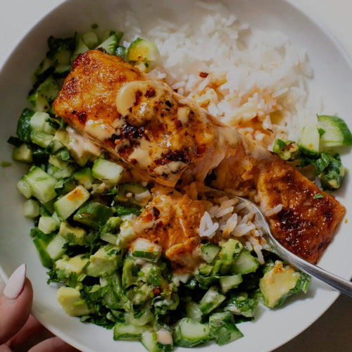 Bang Bang Salmon with Avocado Cucumber Salsa (Delivered: July 24)