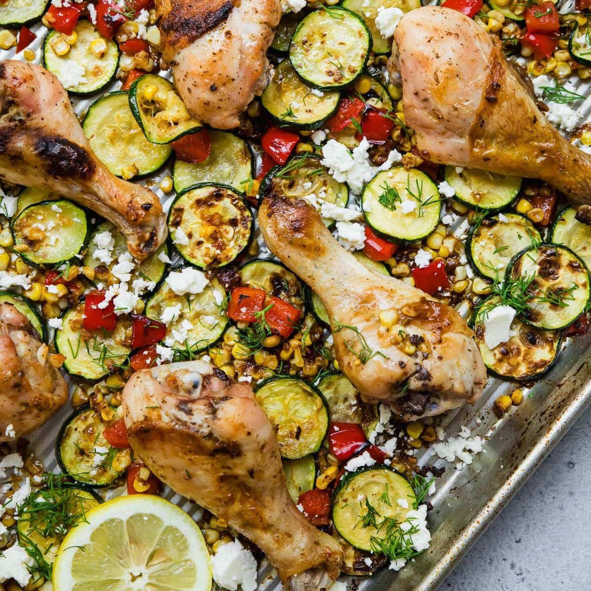 Sheet Pan Chicken Drumsticks with Zucchini, Corn and Roasted Sweet Potato