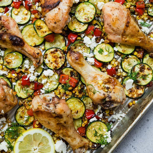 Sheet Pan Chicken Drumsticks with Zucchini, Corn and Roasted Sweet Potato