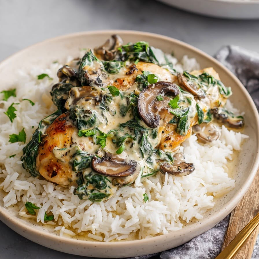 Smothered Chicken with Creamed Spinach & Rice