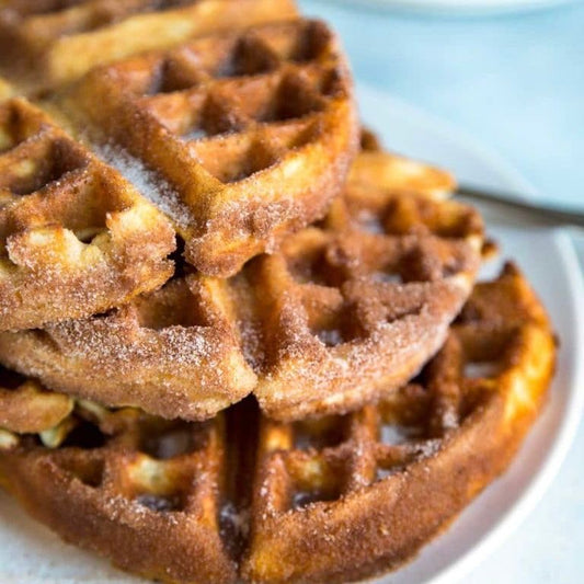 Churro Waffles with Turkey Sausage, Strawberry Rhubarb Compote and Maple Syrup