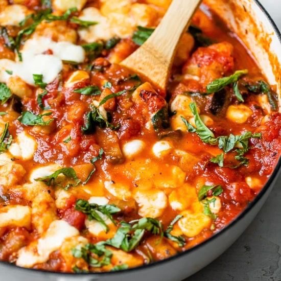 Cheesy Eggplant Caprese Turkey Gnocchi Skillet