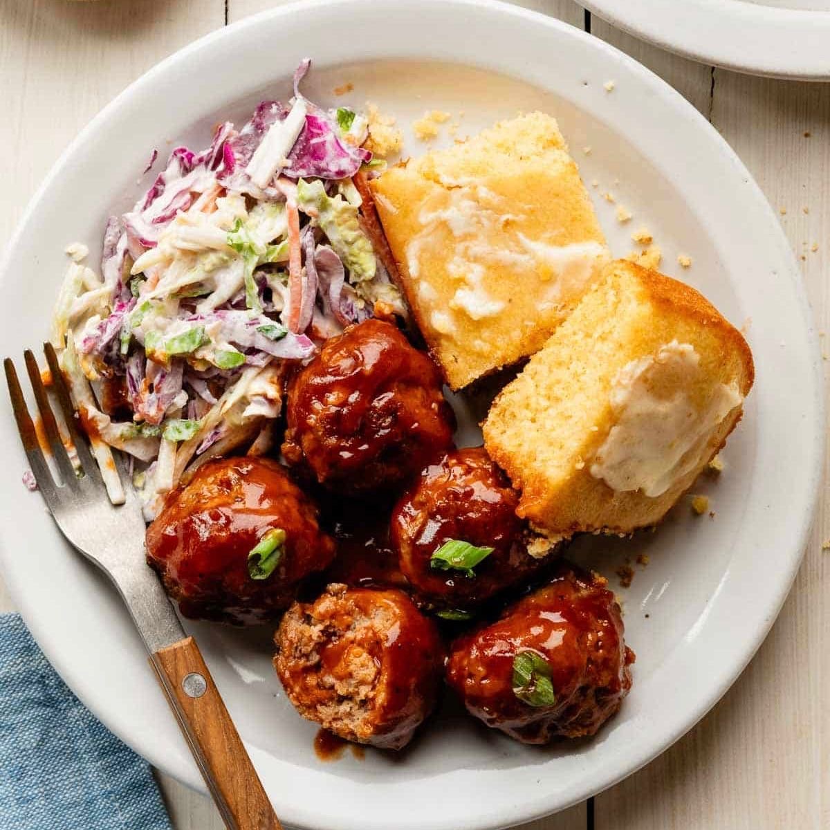 BBQ Meatballs Cabbage Apple Slaw Corn Bread