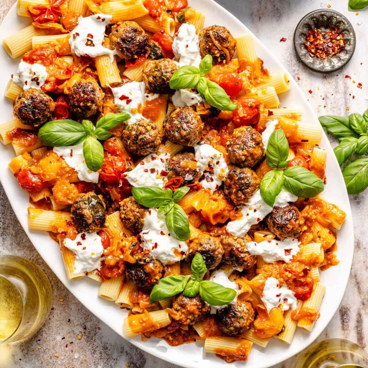 Meatballs with Basil and Burst Tomatoes