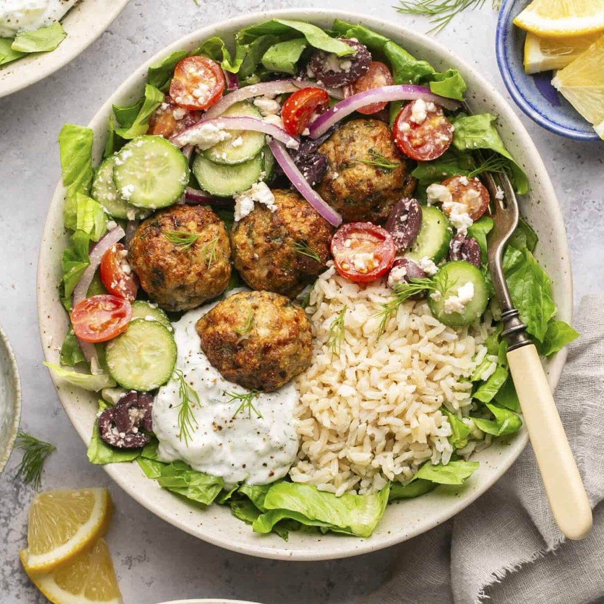 Greek Chicken Meatball Salad Plate