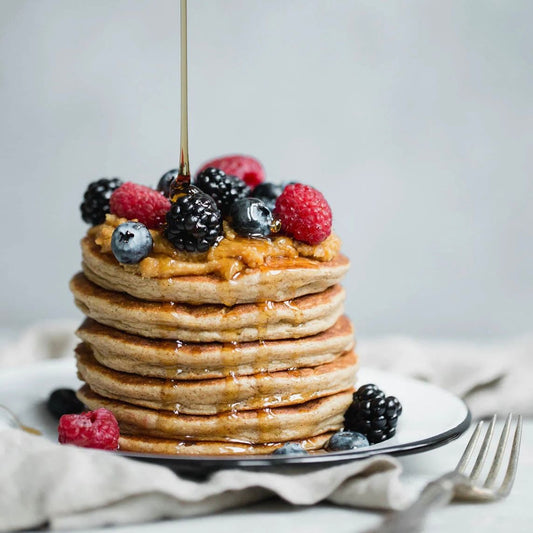 Cottage Cheese Banana Oatmeal Protein Pancakes with Scrambled Eggs
