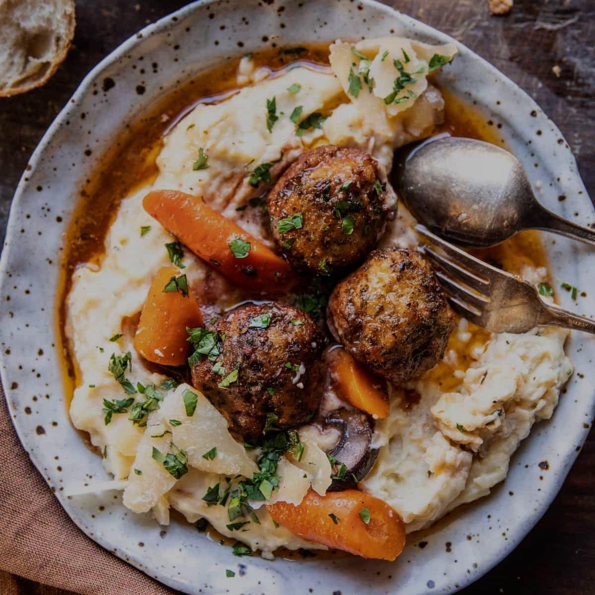 Coq au Vin Meatballs with Mashed Potatoes and Carrots