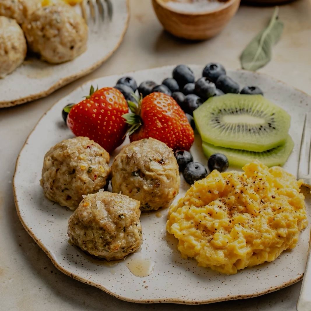 Maple Apple Breakfast Chicken Meatballs with Eggs and Fruit (Delivered: October 19)