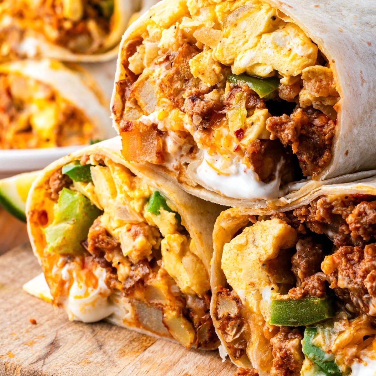 Mexican Burrito with Charred Corn & Poblano Salad Avocado Lime Crema Plate