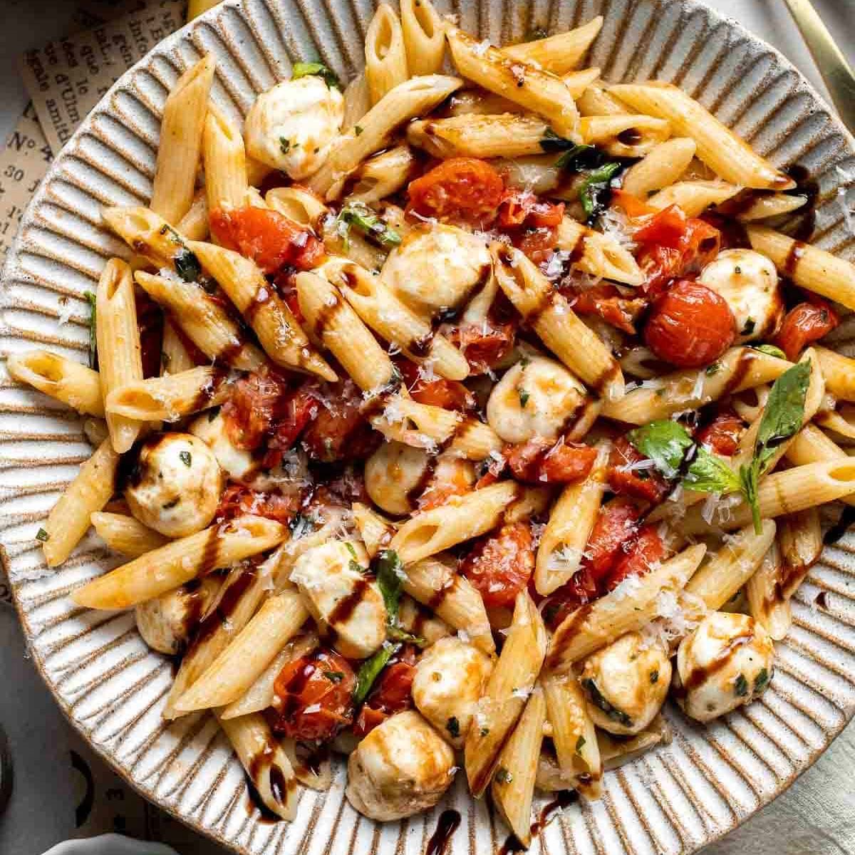 Caprese Chicken Pasta with Grilled Asparagus