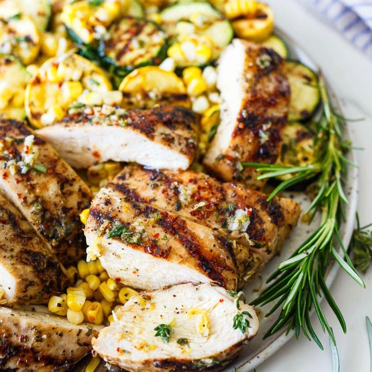 Mediterranean Grilled Chicken with Corn Zucchini Orzo