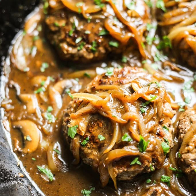 Southern Style Hamburger Steaks with Onion & Mushroom Gravy Mash Potatoes