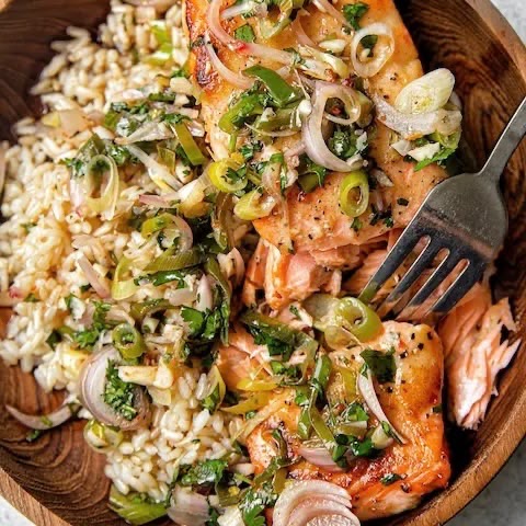 Miso Butter Salmon with Sizzled Scallion Salsa Verde