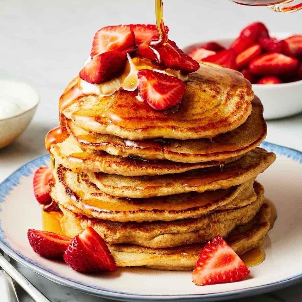 Strawberry Oat Pancakes with Turkey Sausage & Syrup