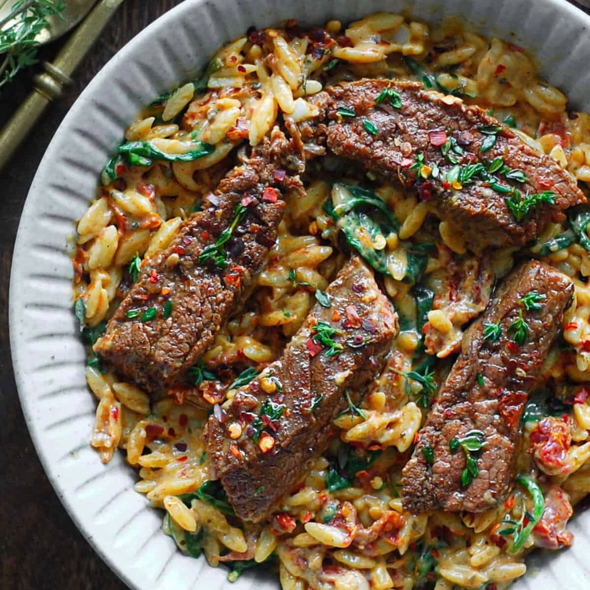Flank Steak with Creamy Vegetable Orzo