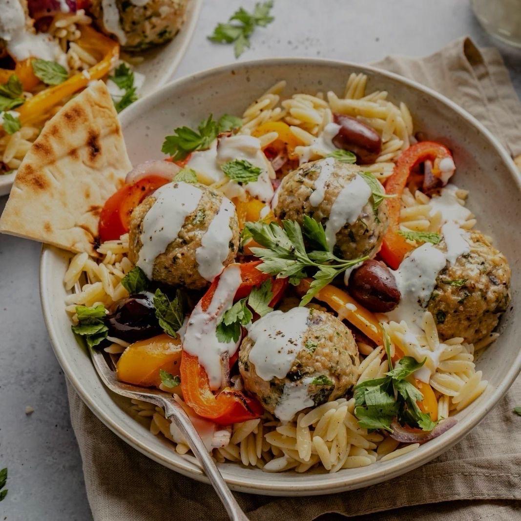 Greek Chicken Meatballs with Lemon Orzo and Creamy Feta Yogurt Sauce with Pita