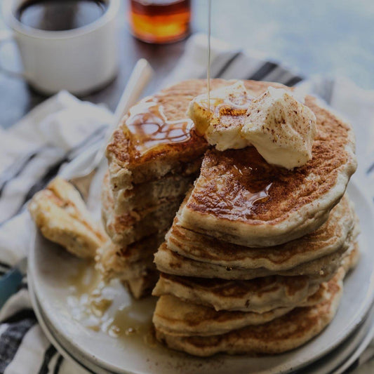 Vietnamese Coffee Pancakes with Scrambled Eggs & Turkey Sausage