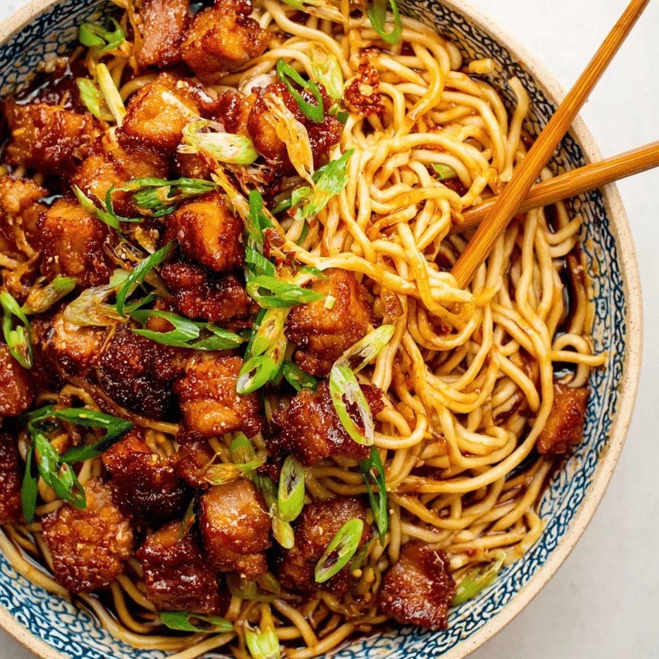 Crispy Pork with Saucy Spicy Noodles and Broccoli