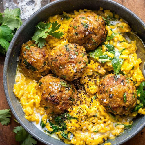 Baked Chicken Meatballs with Creamy Golden Rice and Roasted Garlic Broccoli (Delivered: August 17)
