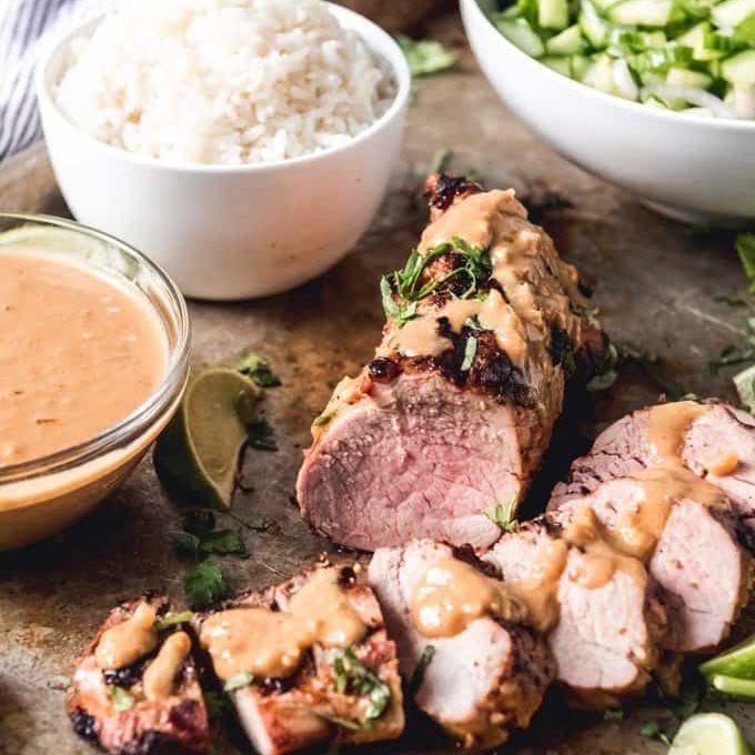 Grilled Thai Pork Tenderloin with Coconut Lime Peanut Sauce & Cucumber Salad