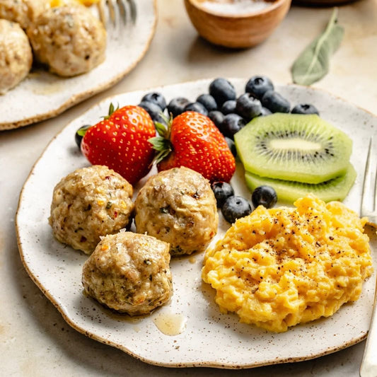 Maple Apple Breakfast Chicken Meatballs with Scrambled Eggs and Fruit