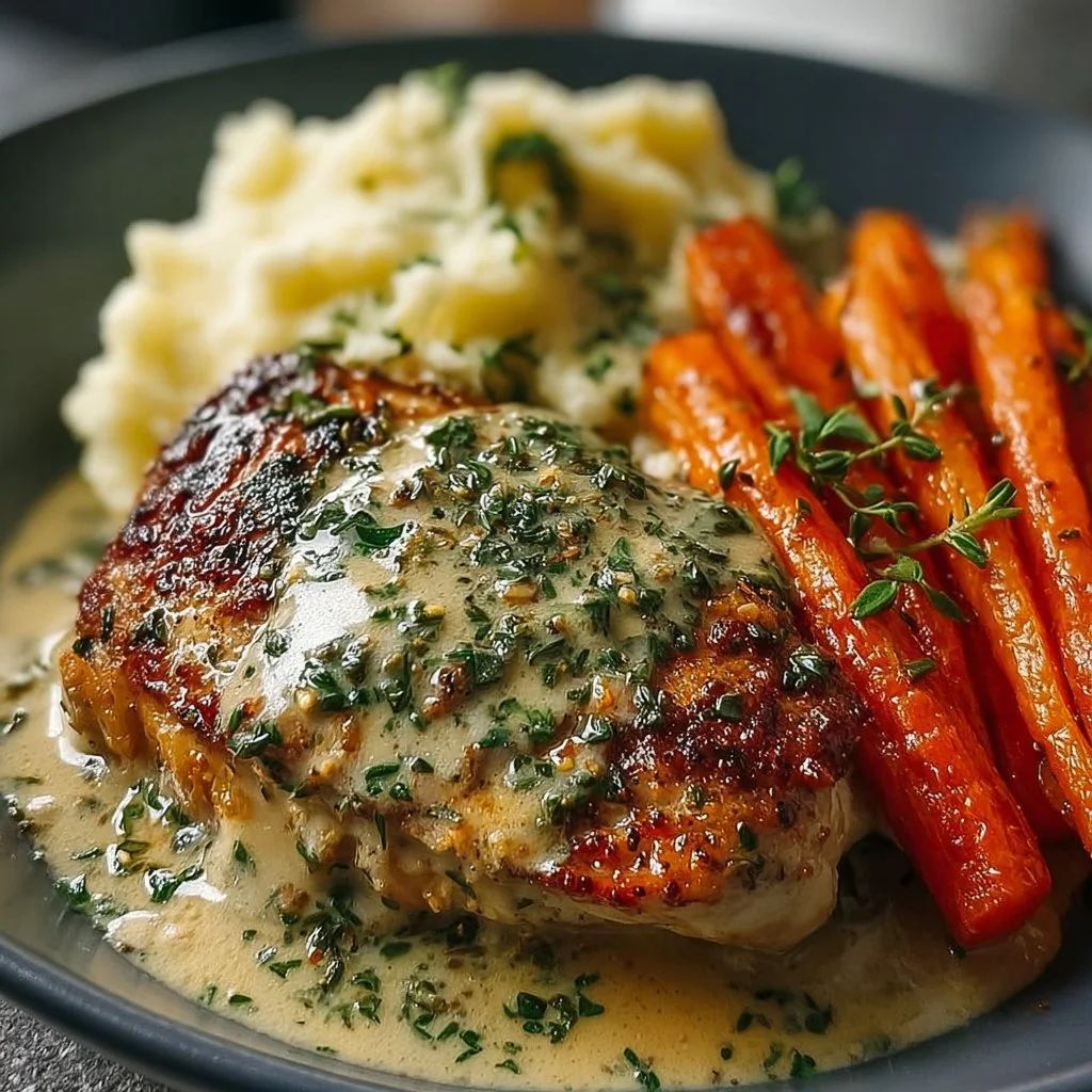 Creamy Herbed Chicken Mashed Potatoes & Glazed Carrots