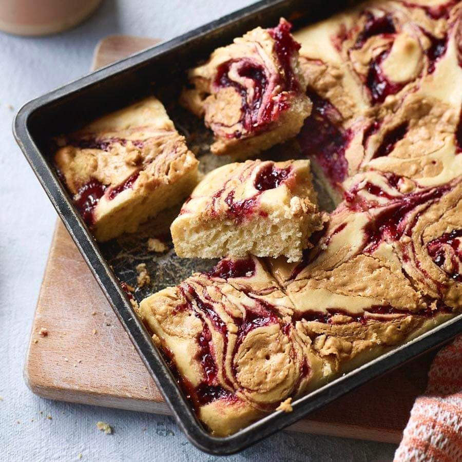 Peanut Butter and Jelly Pancake Casserole with Pure Maple Syrup