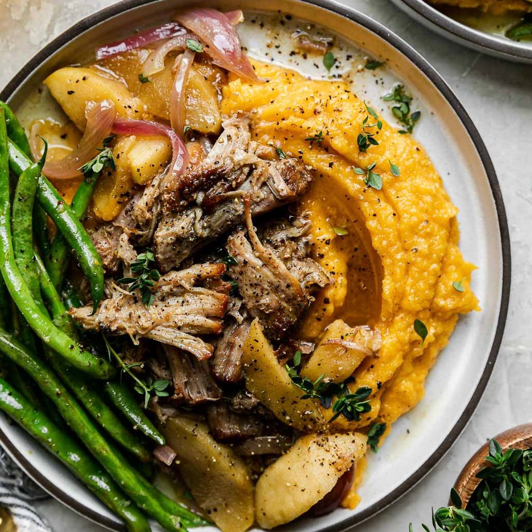 Apple Cider Braised Pork Shoulder with Roasted Garlic Whipped Butternut Squash